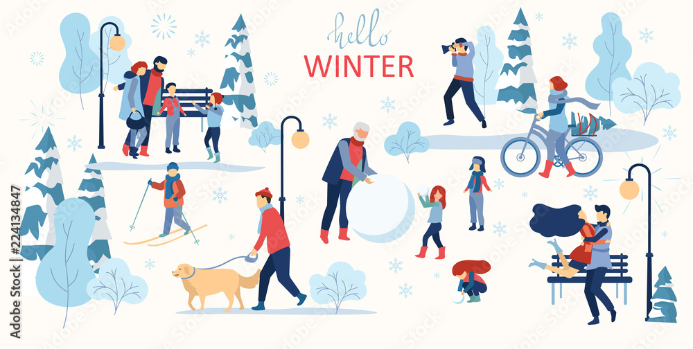 Hello winter poster. People walk outdoors in park.