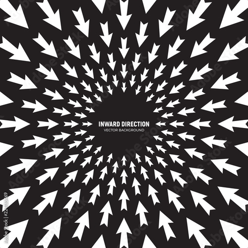 Vector White Arrows in Radial Composition Diverging in Inward Direction on Black Background Abstract Conceptual Illustration