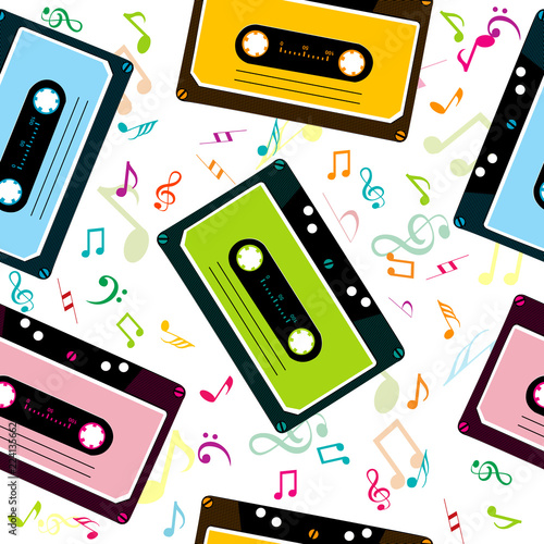 Musical background with audio tape cassettes and musical notes