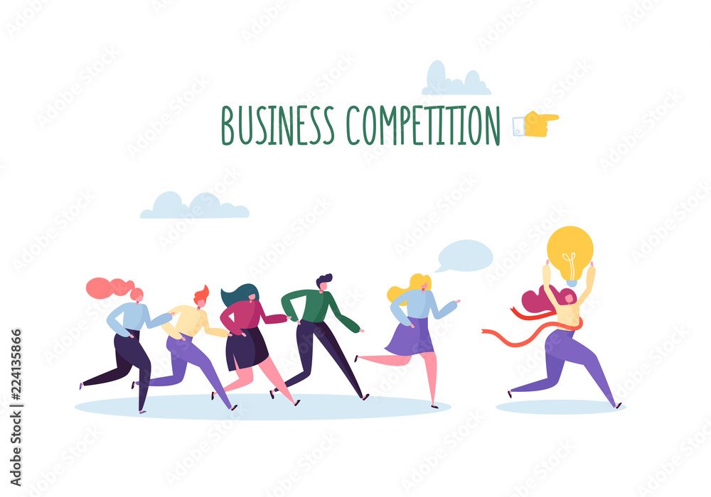 Business Competition Concept. Flat People Characters Running with Leader Crossing Finish Line with Light Bulb. Vector illustration