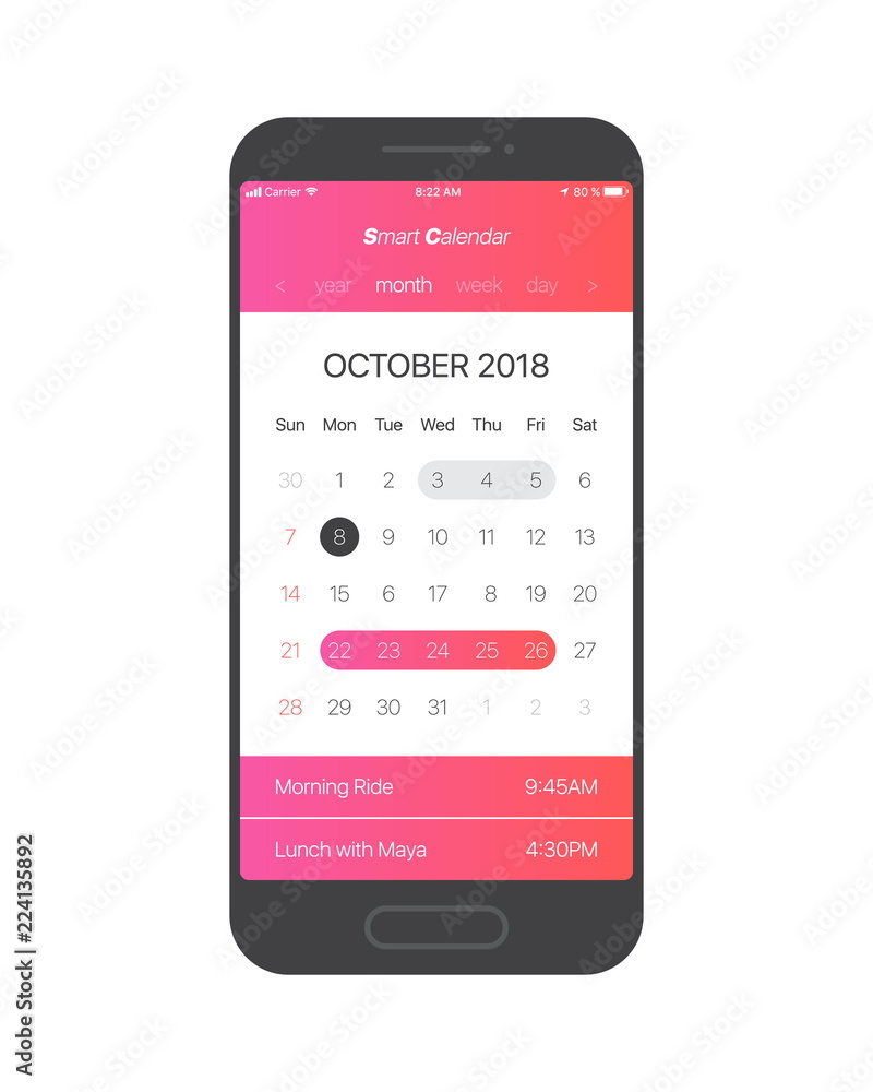 Smart Calendar App Concept October 2018 Page with To Do List and Tasks Vector UI UX Design Mockup for Mobile Phone. Planner Application Template for Smartphone Smart Calendar App Concept October 2018 Page with To Do List and Tasks Vector UI UX Design Mockup for Mobile Phone. Planner Application Template for Smartphone