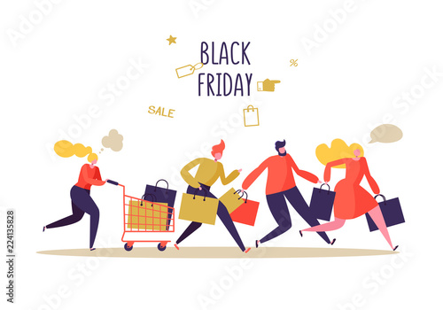 Black Friday Sale Event. Flat People Characters with Shopping Bags. Big Discount, Promo Concept, Advertising Poster, Banner. Vector illustration