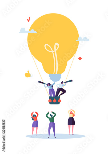 Flat Business People Flying on Big Light Bulb. Man and Woman with Spyglass. Business Idea, Vision, Innovation, Team Work Concept. Vector illustration