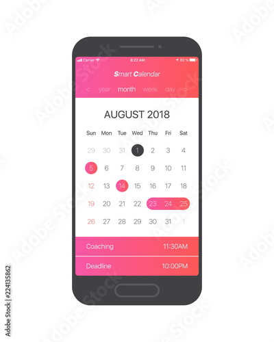 Smart Calendar App Concept August 2018 Page with To Do List and Tasks Vector UI UX Design Mockup for Mobile Phone. Planner Application Template for Smartphone