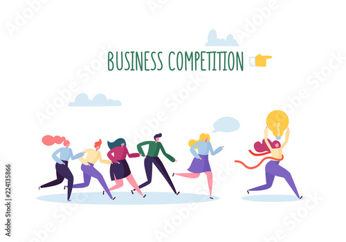 Business Competition Concept. Flat People Characters Running with Leader Crossing Finish Line with Light Bulb. Vector illustration