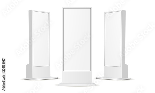 Digital signage monitor mockup in front and side view. Vector illustration