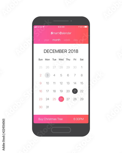 Smart Calendar App Concept December 2018 Page with To Do List and Tasks Vector UI UX Design Mockup for Mobile Phone. Planner Application Template for Smartphone