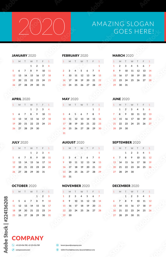 Calendar for 2020 year. Week starts on Sunday. Printable vector stationery design template Calendar for 2020 year. Week starts on Sunday. Printable vector stationery design template