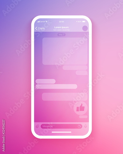 Mobile Chat App UI and UX Concept Vector Blank Mockup in Minimalist Color Flow Limpid Theme on Smart Phone Screen Isolated on White Background. Social Network Design Template