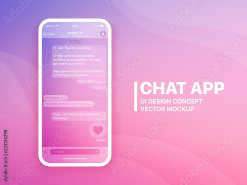 Mobile Chat App UI and UX Concept Vector Mockup in Minimalist Color Flow Limpid Theme on Smart Phone Screen. Social Network Design Template