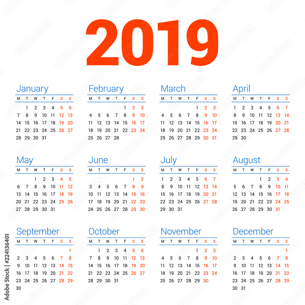 Calendar for 2019 year on white background. Week starts on Monday. 4 columns, 3 rows. Simple calendar vector design element for your poster, flyer, planner, card. Stationery design template Calendar for 2019 year on white background. Week starts on Monday. 4 columns, 3 rows. Simple calendar vector design element for your poster, flyer, planner, card. Stationery design template