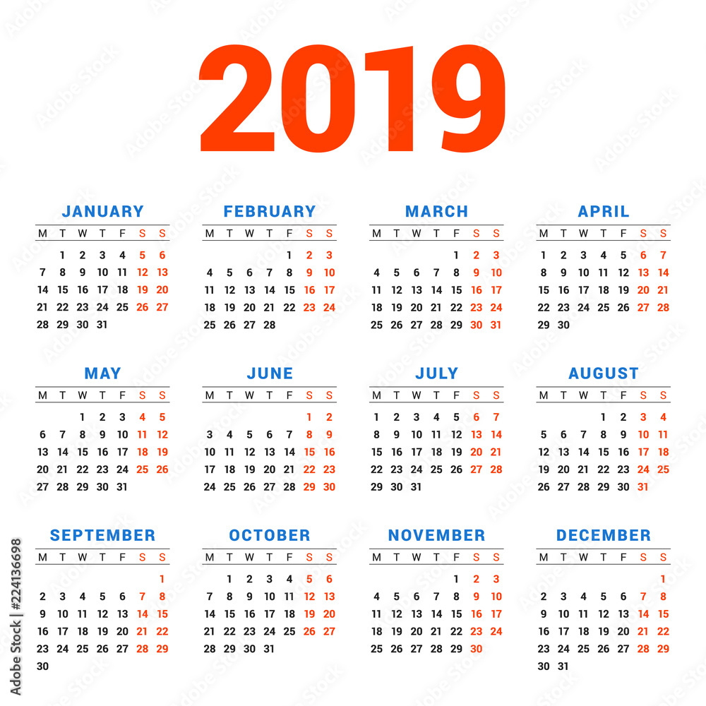 Calendar for 2019 year on white background. Week starts on Monday. 4 columns, 3 rows. Simple calendar vector design element for your poster, flyer, planner, card. Stationery design template Calendar for 2019 year on white background. Week starts on Monday. 4 columns, 3 rows. Simple calendar vector design element for your poster, flyer, planner, card. Stationery design template