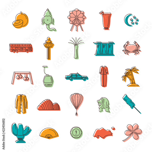 Singapore icons set, doodle style
