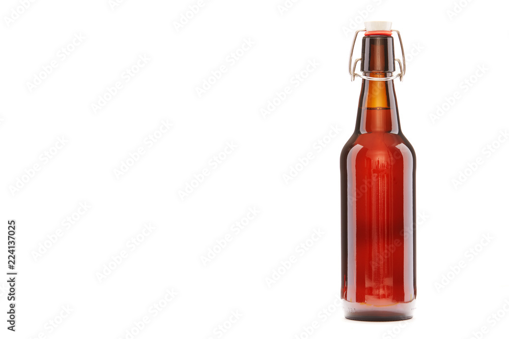Brown Beer Bottle with cork on a white background with Copy space Brown Beer Bottle with cork on a white background with Copy space