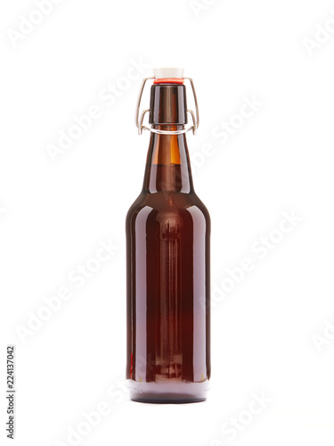 Brown Beer Bottle with cork on a white background with Copy space