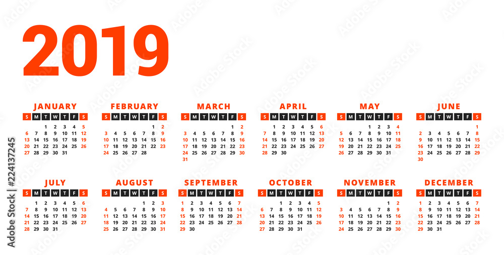 Calendar for 2019 year on white background. Week starts on Sunday. 6 columns, 2 rows. Simple calendar vector design element for your poster, flyer, planner, card. Stationery design template Calendar for 2019 year on white background. Week starts on Sunday. 6 columns, 2 rows. Simple calendar vector design element for your poster, flyer, planner, card. Stationery design template