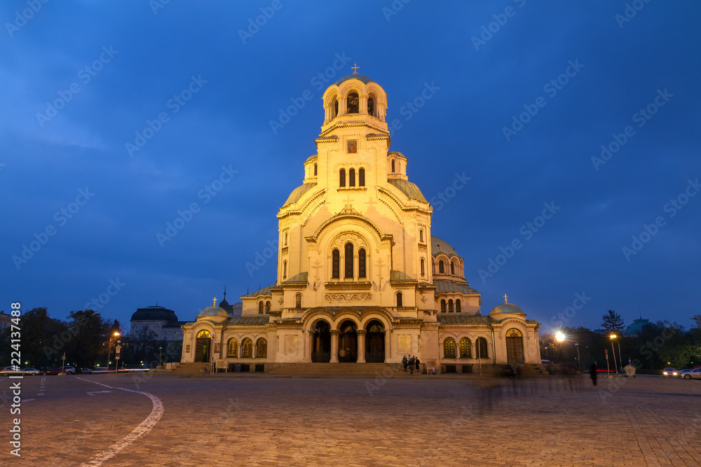 Beautiful view of the Bulgarian Orthodox St. Alexander Nevsky Cathedral in Sofia, in the blue hour at night