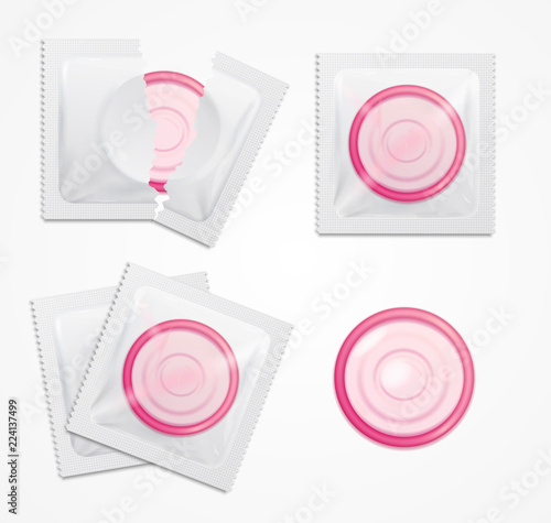Realistic Detailed 3d Condoms Package Set. Vector