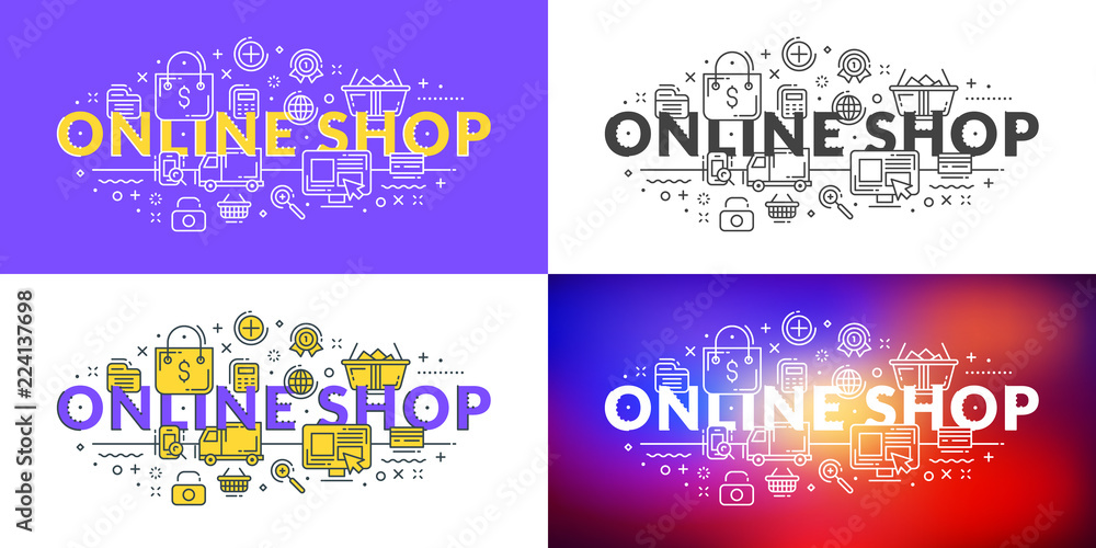 Fototapeta premium Online shop. Flat line illustration concept for web banner and printed materials. Vector illustration in 4 different styles