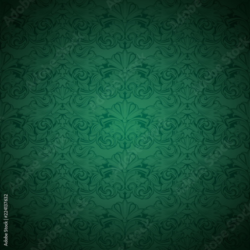Green vintage background , royal with classic Baroque pattern, Rococo with darkened edges background(card, invitation, banner). square format