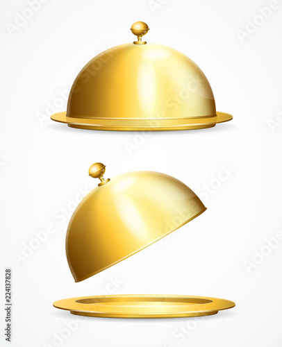 Realistic 3d Detailed Shiny Golden Restaurant Cloche Set. Vector