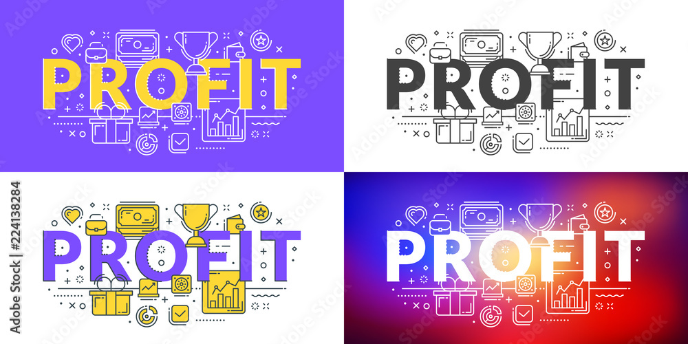 Fototapeta premium Profit. Flat line illustration concept for web banner and printed materials. Vector illustration in 4 different styles