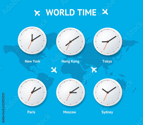 Realistic Detailed 3d Clock on a Map World Time Concept. Vector