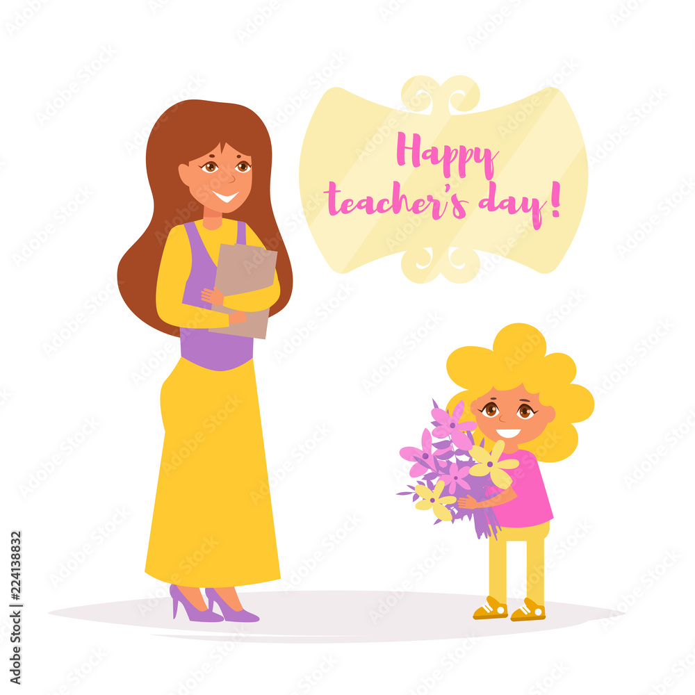 Teacher's day. Student gives teacher flowers Vector. Cartoon. Isolated Teacher's day. Student gives teacher flowers Vector. Cartoon. Isolated