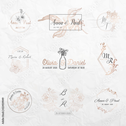 Wedding monogram collection, Floral templates for Invitation cards, Save the Date, Logo identity for restaurant, boutique, cafe in vector