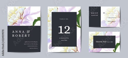 Botanical wedding invitation card Template Design, peony flowers in modern, Collection of Save the date, RSVP in vector