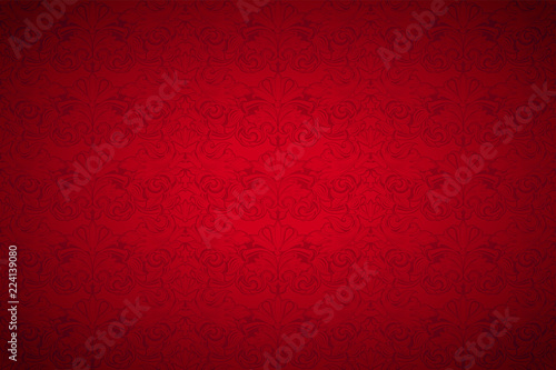 Red vintage background , royal with classic Baroque pattern, Rococo with darkened edges backgroundcard, invitation, banner. horizontal format