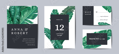 Botanical wedding invitation card Template Design, Tropical Leaves in modern style, Collection of Save the date, RSVP in vector