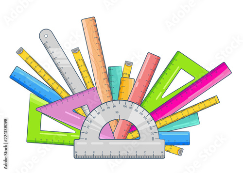 School ruler elements semicircular composition. Arrangement of various kinds of rulers: measurement tape, triangle, protractor, metal centimeter, plastic scale. Vector illustration isolated on white.