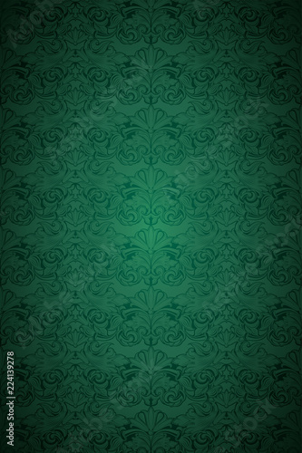 Green vintage background , royal with classic Baroque pattern, Rococo with darkened edges background(card, invitation, banner). vertical format