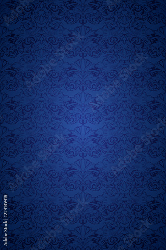 blue vintage background , royal with classic Baroque pattern, Rococo with darkened edges background(card, invitation, banner). vertical format