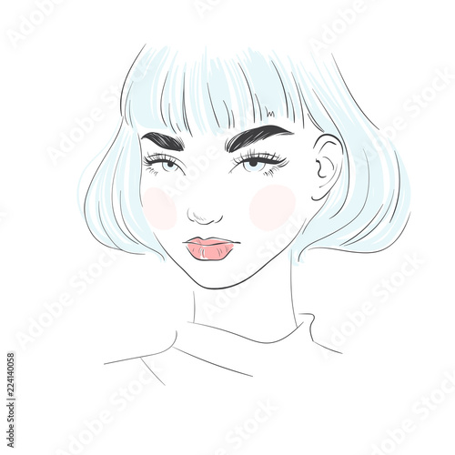 Beautiful pastel color young woman. Hand drawn stylish woman portrait. Fashion lady. Sketch.