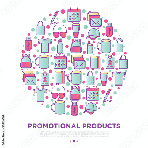 Promotional products concept in circle with thin line icons: notebook, tote bag, sunglasses, t-shirt, water bottle, pen, backpack, cup, hat, travel mug, usb. Vector illustration, print media template.