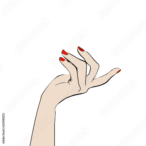 Beautiful female hand pointed by gesture aside isolated on white background. Beautiful female hand with red manicure on nails. Hand drawn fashion Sketch. Vector illustration. Style, beauty