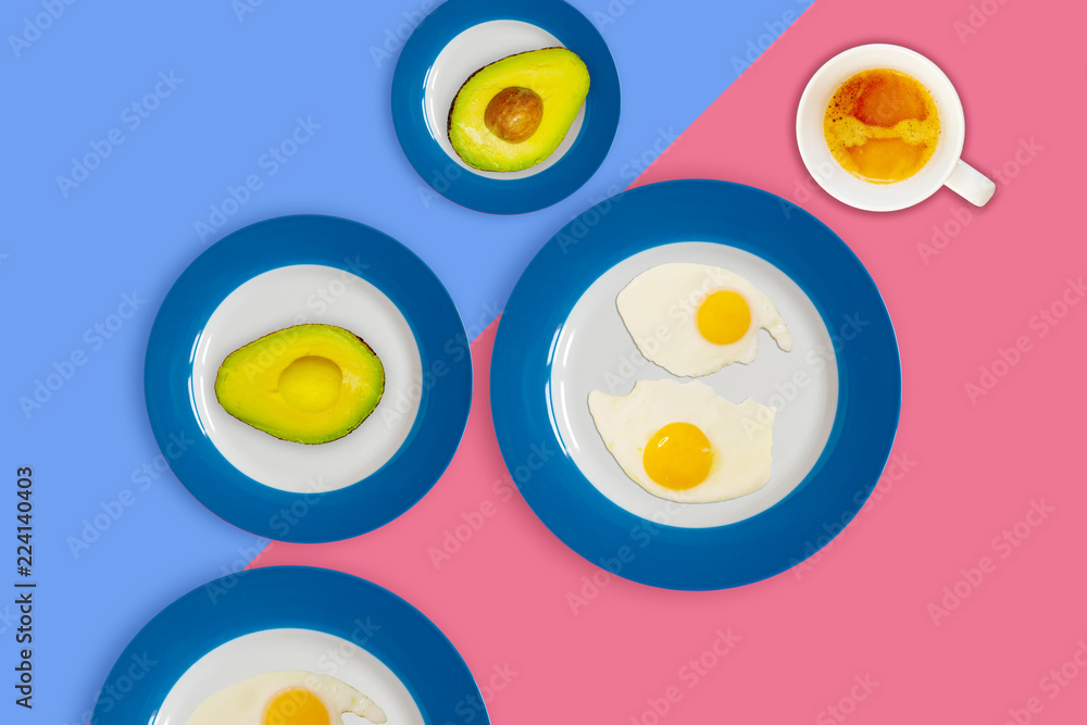 avocado, egg and coffee cup flat lay, mockup, breakfast concept.Top view. avocado, egg and coffee cup flat lay, mockup, breakfast concept.Top view.