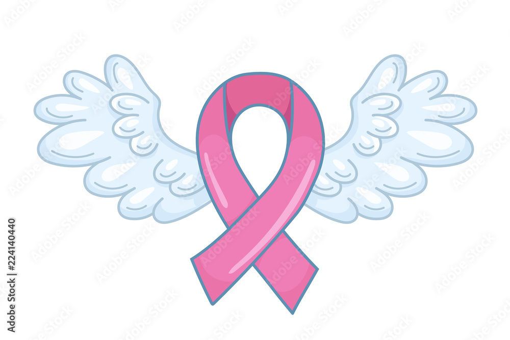 Pink ribbon with spread angel wings as a symbol of hope and support