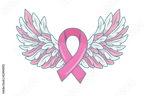 Pink ribbon with spread angel wings as a symbol of hope and support. Breast cancer awareness month illustration. Vector isolated on white