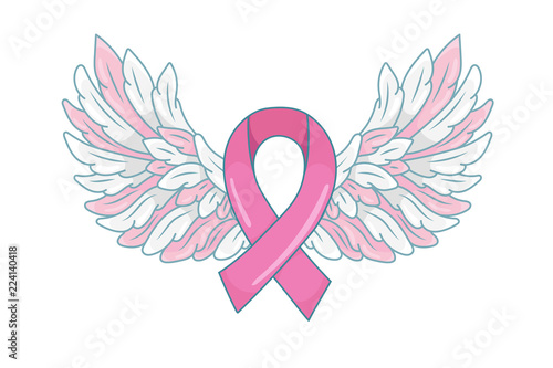 Pink ribbon with spread angel wings as a symbol of hope and support. Breast cancer awareness month illustration. Vector isolated on white