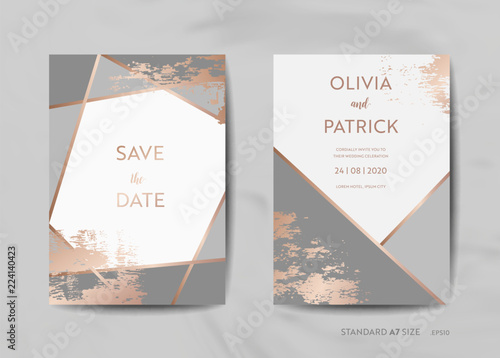 Wedding Invitation Cards Collection. Save the Date, RSVP with trendy texture background and gold geometric art deco frame design illustration in vector