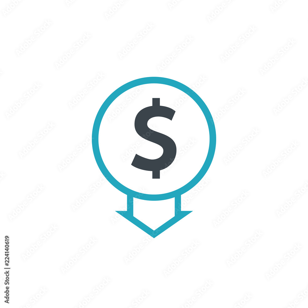 Cost reduction icon dollar. Price decrease arrow symbol. business sale sign illustration Cost reduction icon dollar. Price decrease arrow symbol. business sale sign illustration