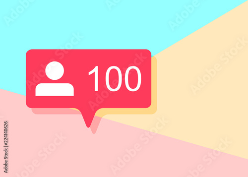 illustration of flat minimalism pastel colored one hundred like followers social media icon on pink and blue background