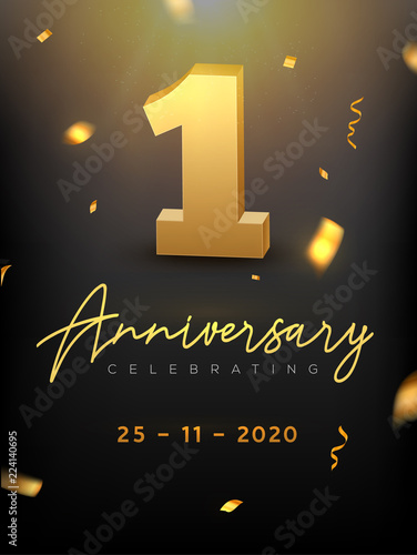 1st Years Anniversary Celebration event. Golden Vector birthday or wedding party congratulation anniversary 1st
