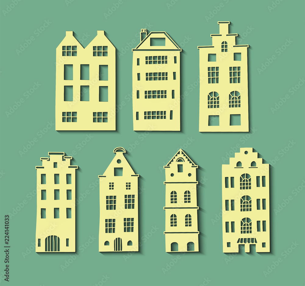 Set with houses in paper cut style. Abstract paper 3d art. Vector illustration