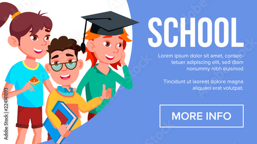 School Eduacation Banner Vector. Pupils. Joyfull Children. Poster, Website, Invitation. Illustration