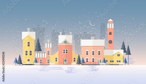 Horizontal winter cityscape with town in snowfall. Landscape with night city street, beautiful old buildings, towers and fir trees covered with snow. Colorful vector illustration in flat style.