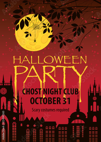 Vector banner for Halloween party with scary night urban desert landscape of the old town, the spider in its web on the background of the full moon. Graphical inscription with the trickles and drops